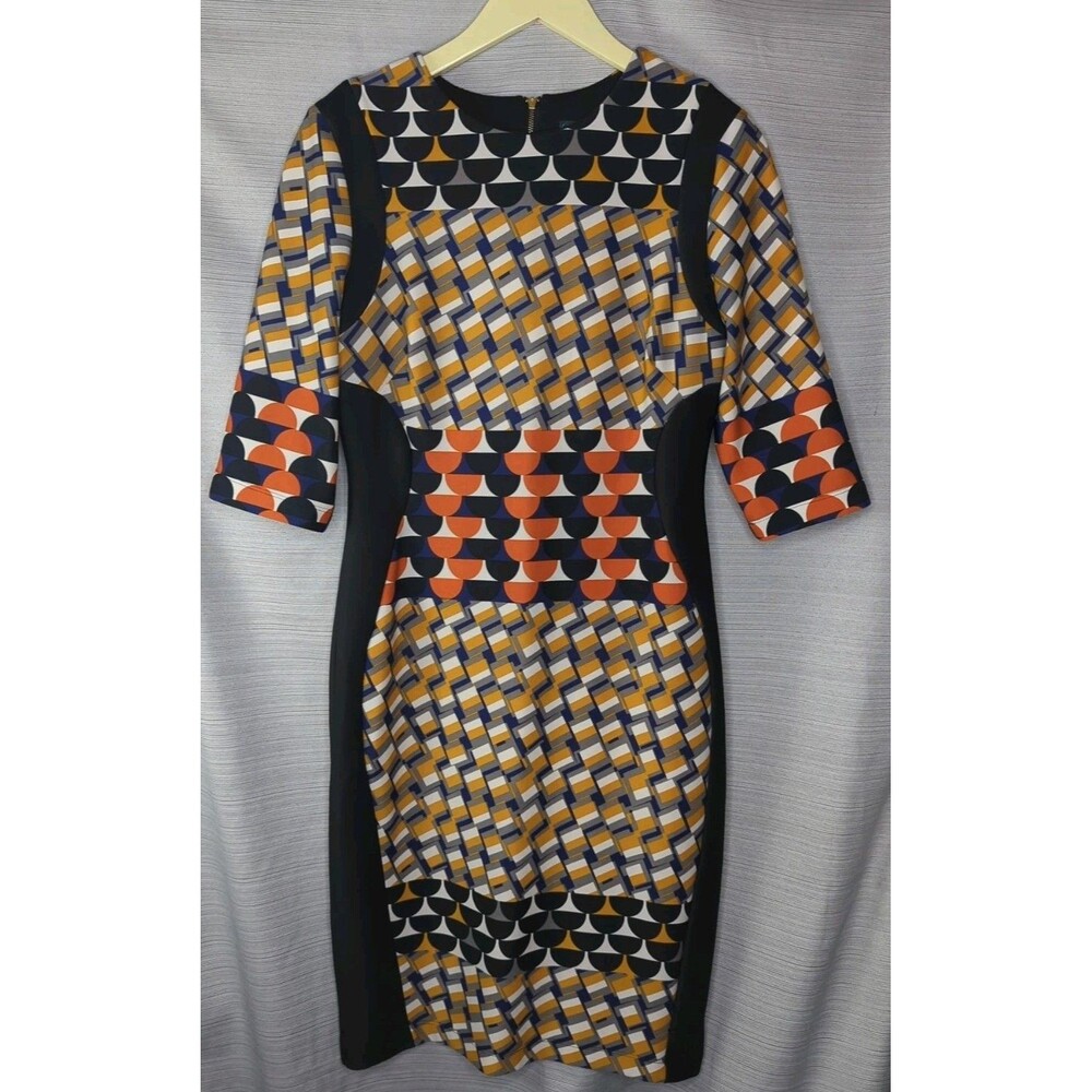 Gabby Skye 1960s Style Pencil Midi Dress Geometric Below Knee Clingy Stretch 10